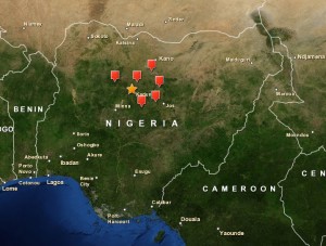 Locations of freshwater dams in Kaduna, Nigeria. Snails carrying parasitic diseases are found at these locations.